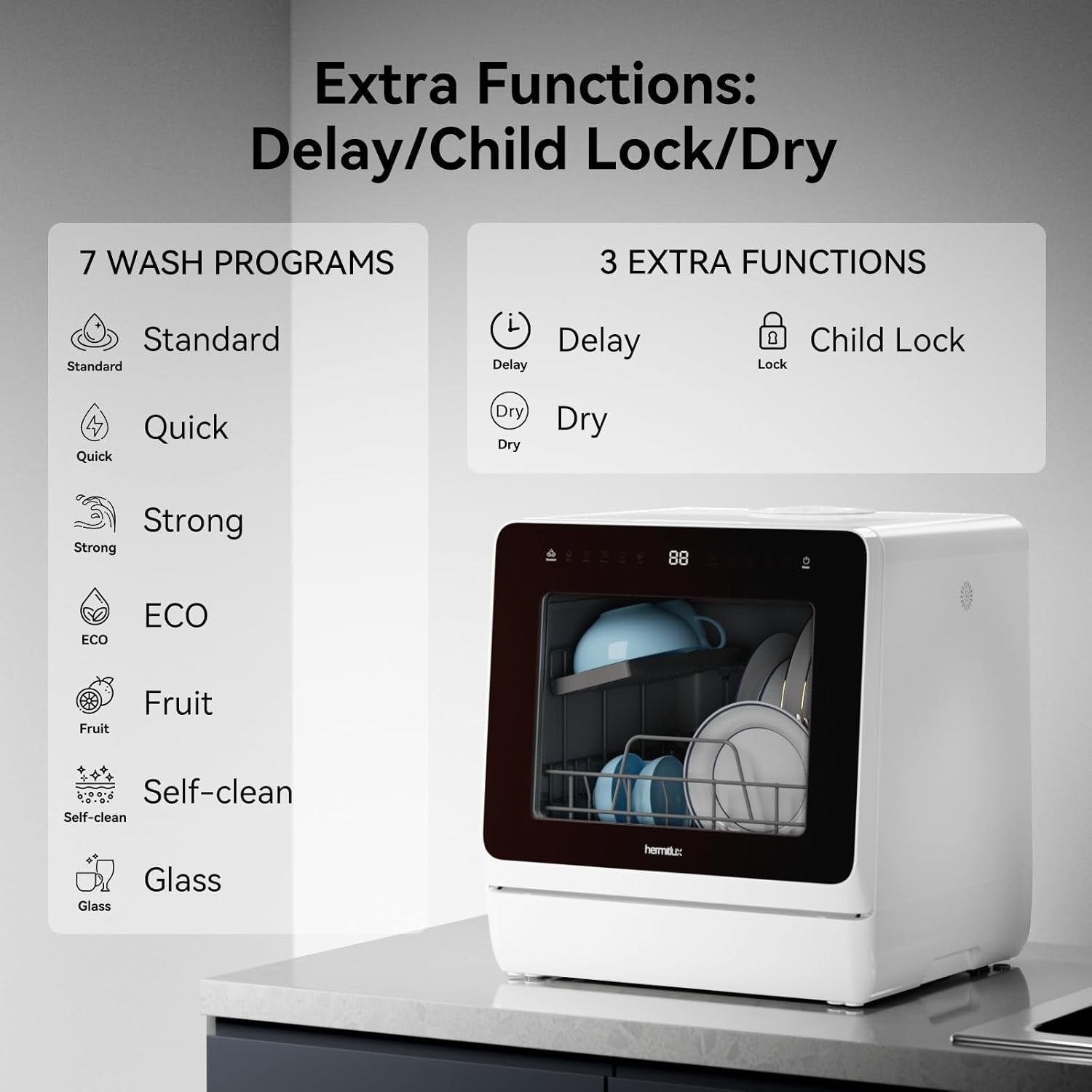 Hermitlux 5 Place Setting Compact Countertop Dishwasher with 7+3 Programmes