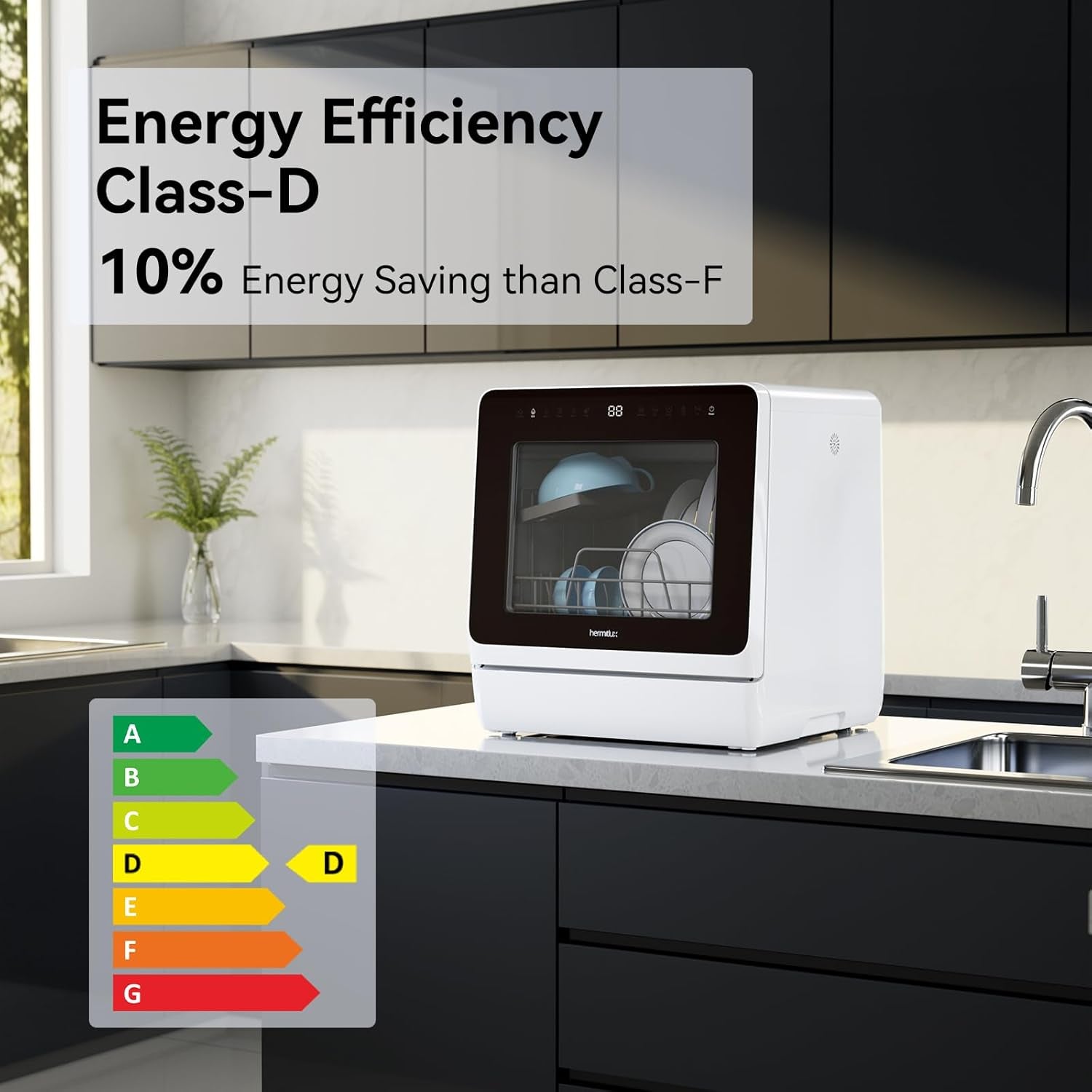 Hermitlux 5 Place Setting Compact Countertop Dishwasher with 7+3 Programmes