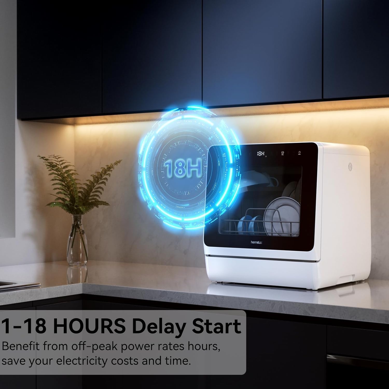 Hermitlux 5 Place Setting Compact Countertop Dishwasher with 7+3 Programmes