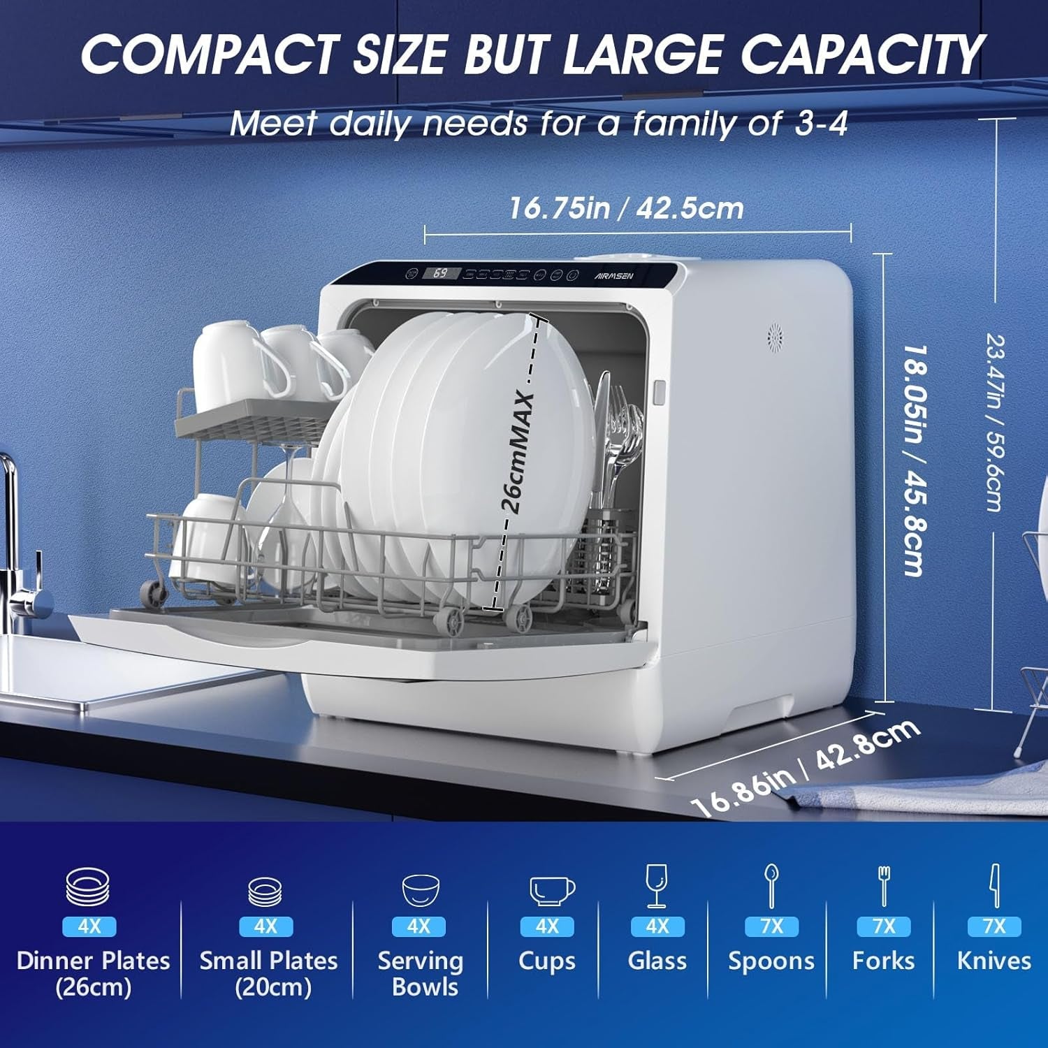 AIRMSEN Portable Countertop Dishwasher with 6 Programs and Baby Care