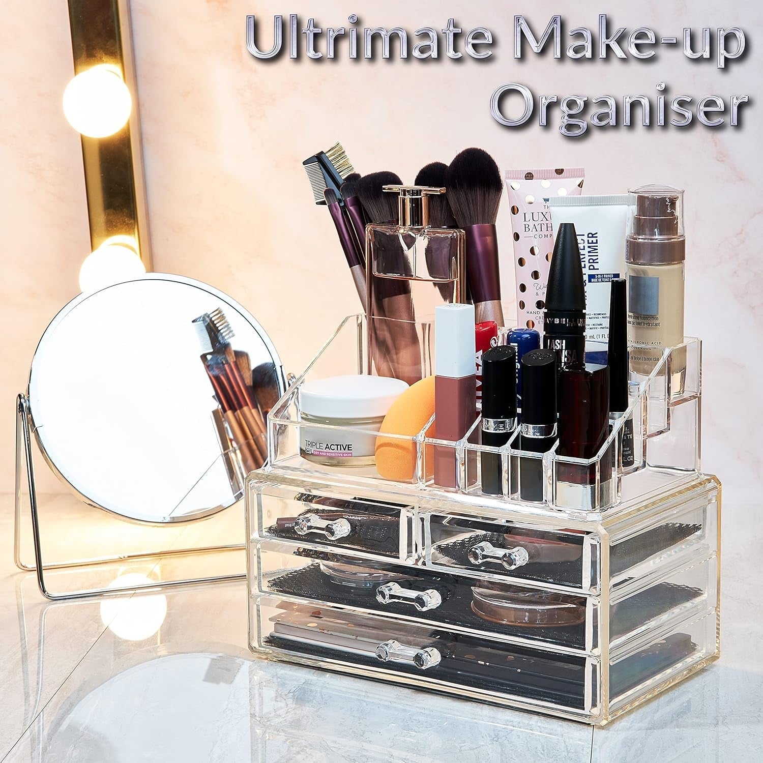 4-Tier Clear Acrylic Makeup Organiser With Drawers For Vanity Storage